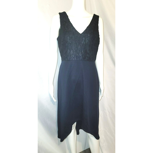 Enfocus Studio Navy Blue Lace Bodice Midi High Low Halter Dress - Size 10 - Picture 4 of 9
